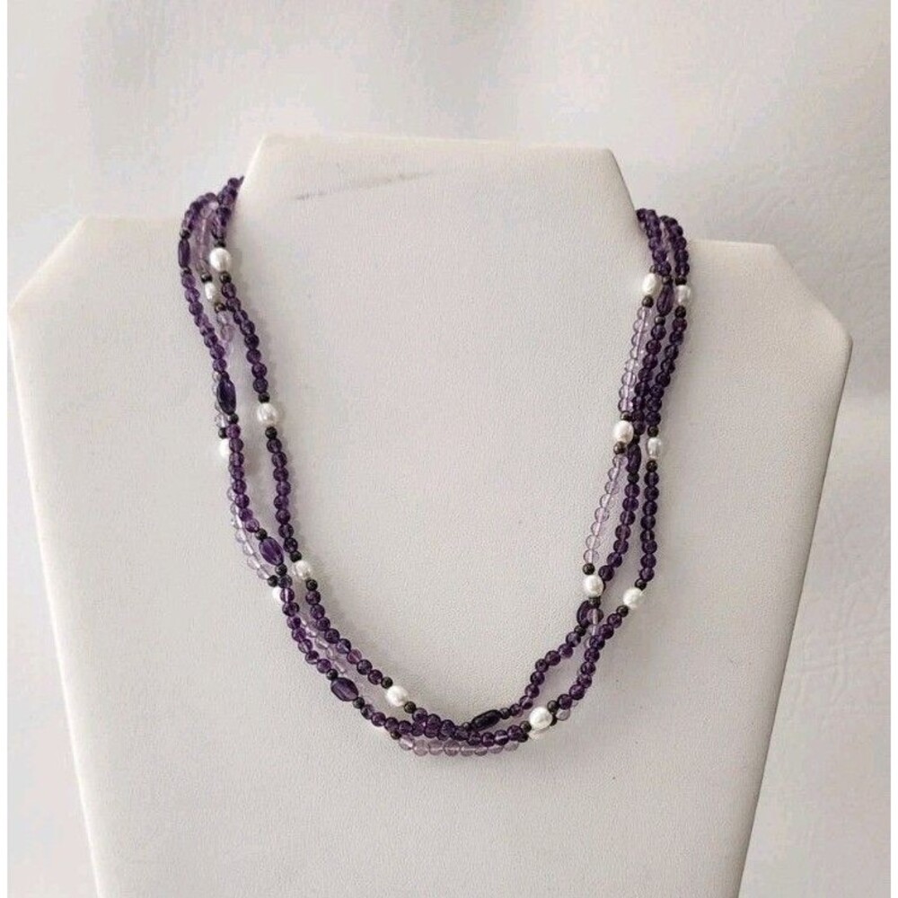 925 Sterling Silver Freshwater  Pearl Multi Strand Amethyst Necklace 18"